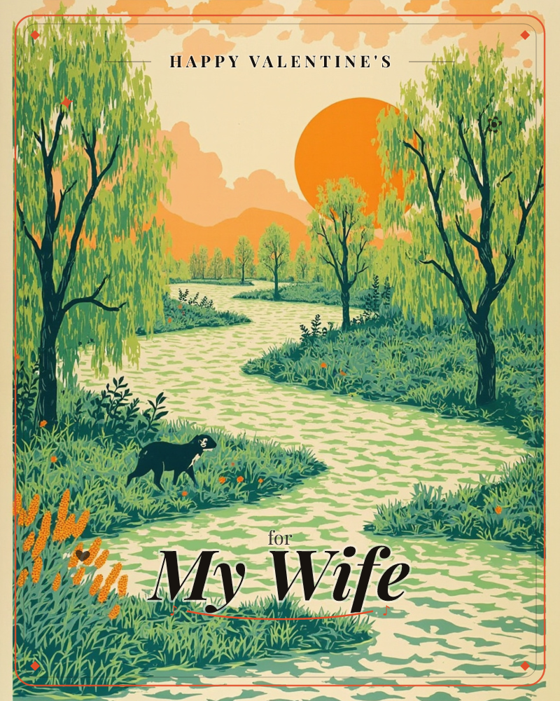 A winding river cuts through a lush green landscape beneath a huge orange sun, with weeping willows draping over the water's edge, a valentine e-card design