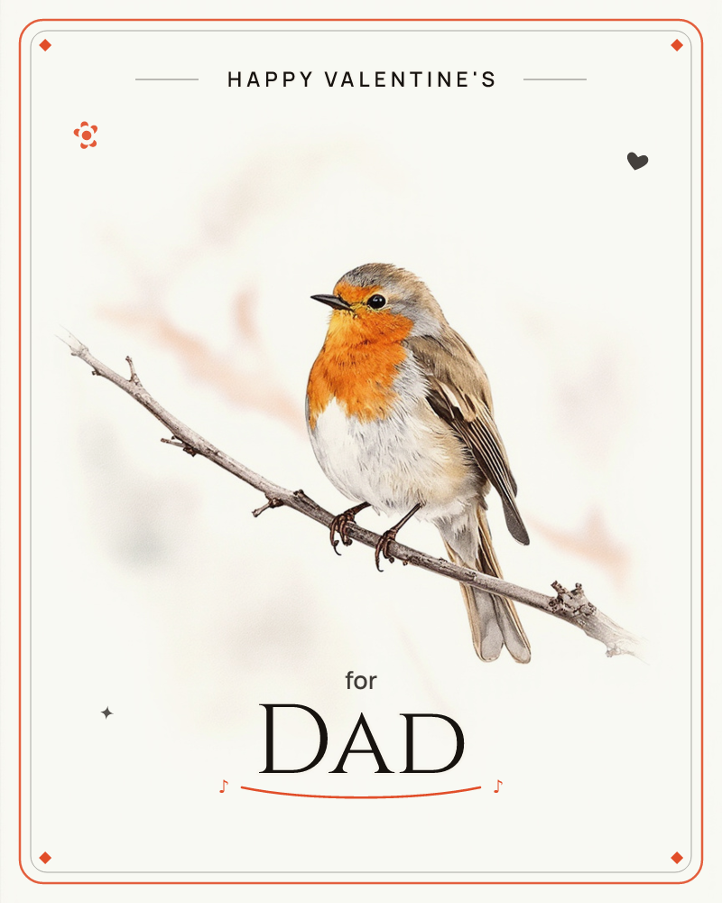 A robin perches on a bare, knobbly twig against a soft, cloudy white background with faint peach smudges of colour behind it, a valentine e-card design