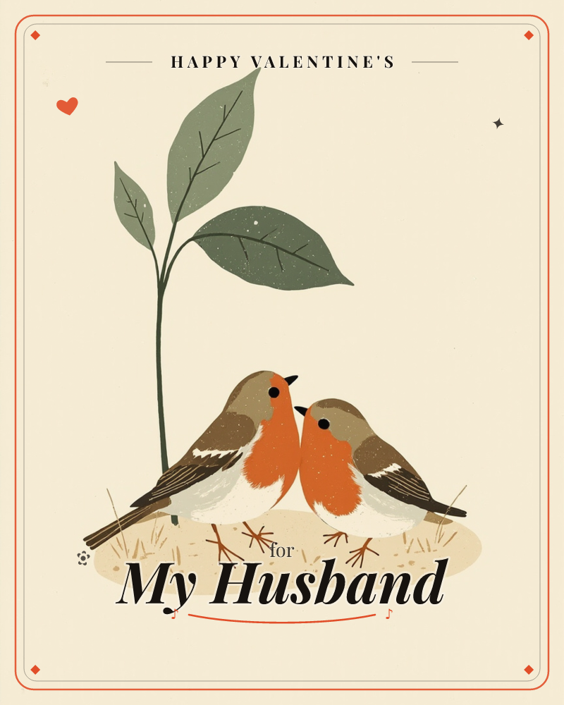 Two robins with orange breasts stand close together beak to beak beneath a tall sprouting leaf stem, resting on a small patch of sandy ground with…, a valentine e-card design