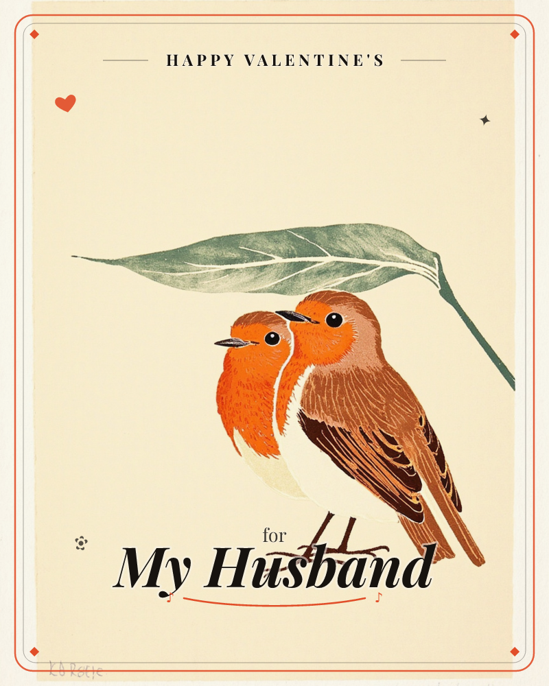 Two robins with orange-red breasts huddle close together beneath a single large green leaf hanging from a slender stem, set against a plain cream…, a valentine e-card design