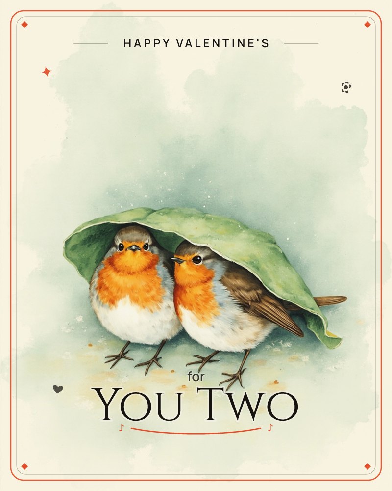 Two round robins with orange breasts huddle together beneath a curled green leaf, using it as a makeshift umbrella, a valentine e-card design