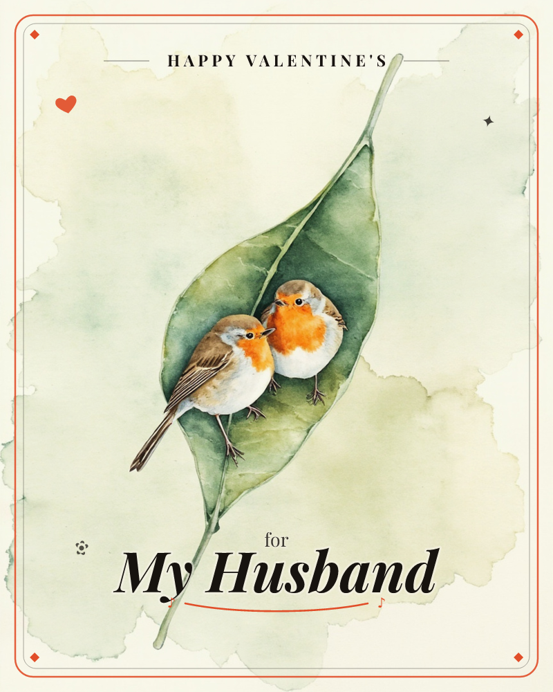 Two robins with orange breasts perch side by side on a single large green leaf, painted in soft watercolour washes against a cream background with…, a valentine e-card design