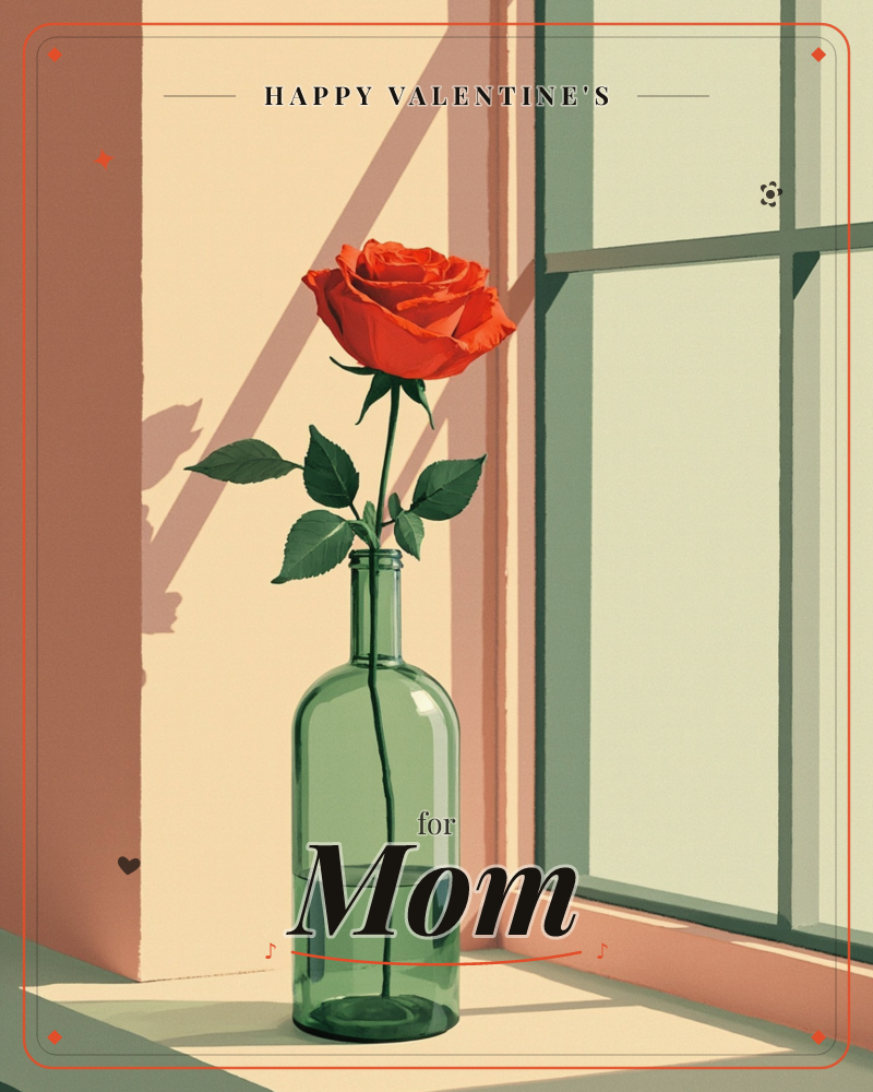 A single red-orange rose stands in a green glass bottle on a sunlit windowsill, its long stem casting a sharp diagonal shadow across the peach-toned wall, a valentine e-card design