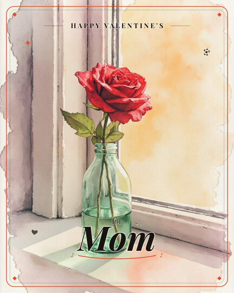 A single red rose stands in a small green glass bottle on a sunlit windowsill, its stems visible through the water, a valentine e-card design