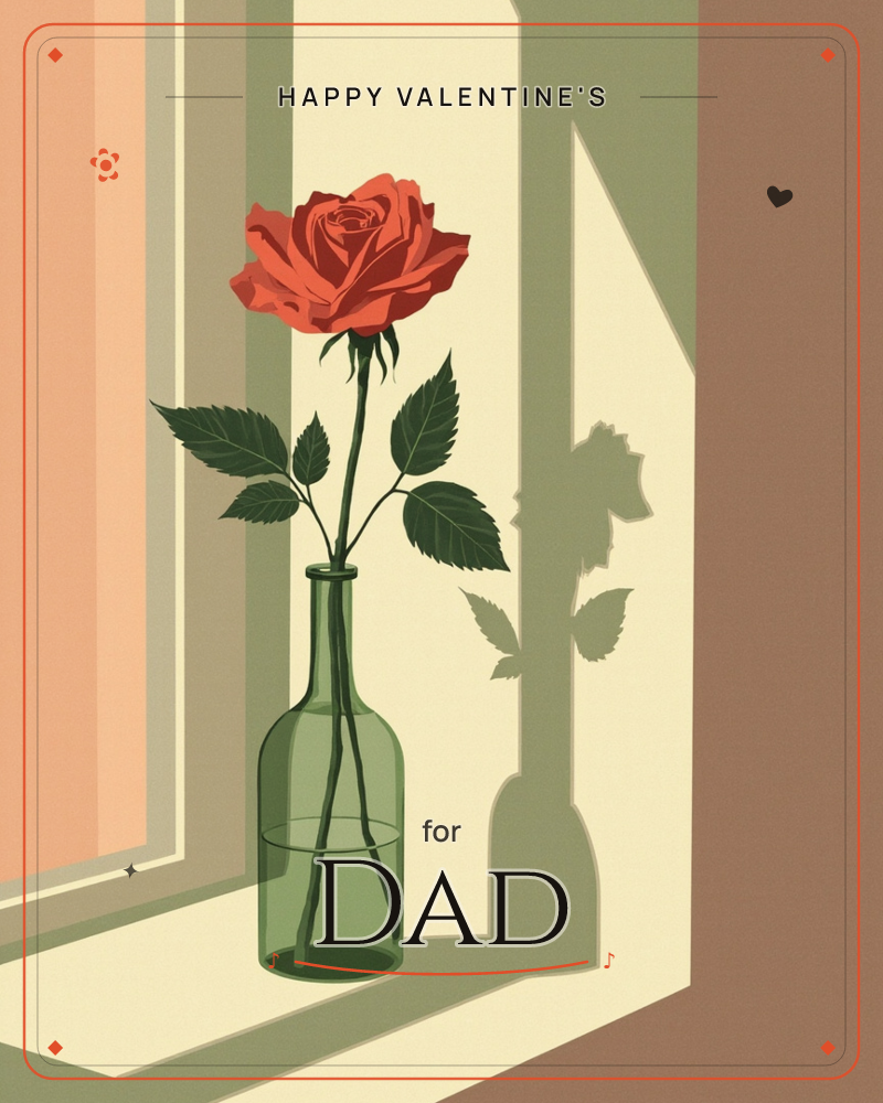 A single red rose stands in a slender green glass bottle on a windowsill, its stem doubled by refraction in the water below, a valentine e-card design
