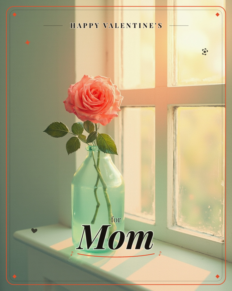 A single coral-pink rose stands in a small pale green glass bottle on a white windowsill, warm sunlight streaming through old paned glass behind it, a valentine e-card design