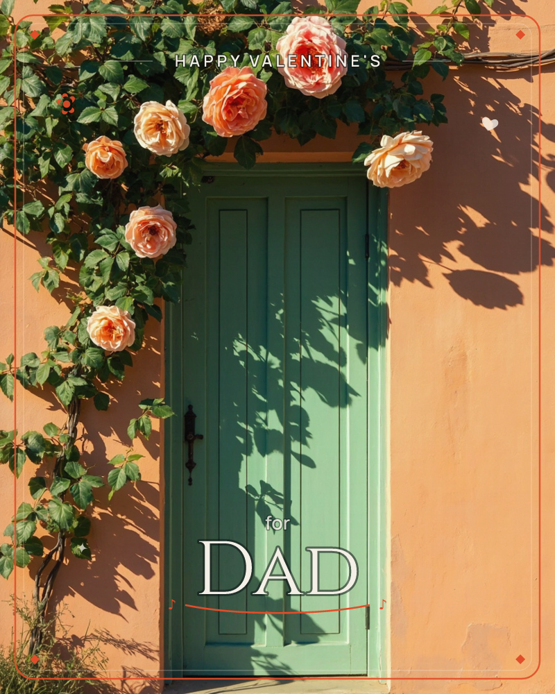 A weathered green door is set into a sun-warmed terracotta wall, with a climbing rose spilling peach and cream blooms across the archway above, a valentine e-card design