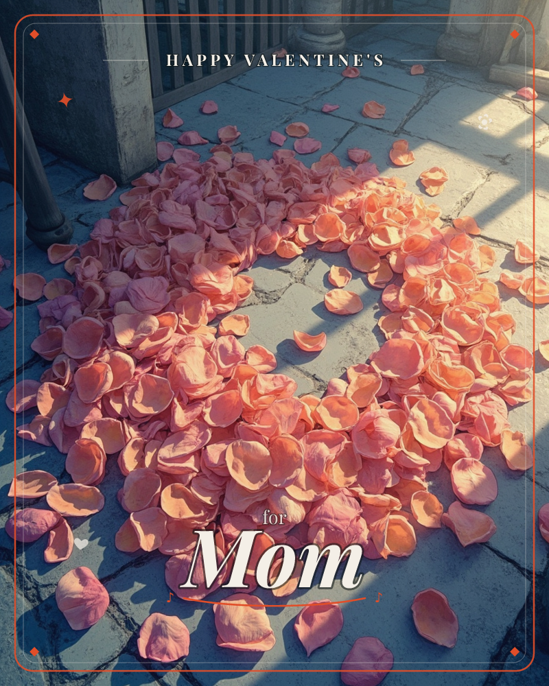 A heart shape formed from scattered rose petals rests on weathered stone paving, framed by a balustrade and shadowed pillars, a valentine e-card design