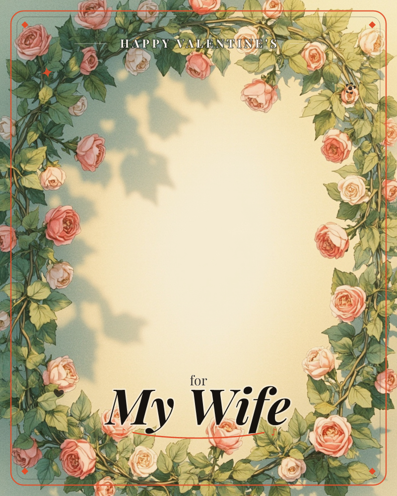 A climbing rose vine frames the entire card, its pink and cream blooms and leafy tendrils curling around a softly glowing center, a valentine e-card design