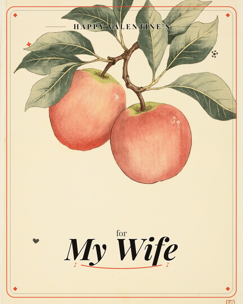 A botanical study of two rosy apples still hanging from their leafy branch, rendered against a plain cream background, a valentine e-card design