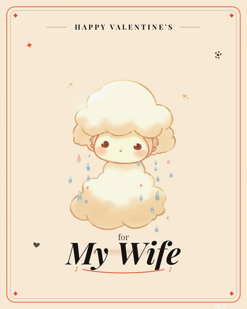 A tiny cloud-shaped character with a fluffy, sheep-like body floats against a soft peach background, big round eyes gazing out sweetly, a valentine e-card design