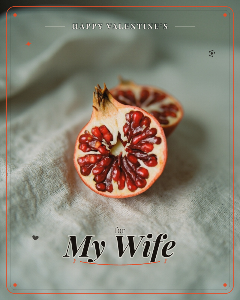 A pomegranate cut in half rests on rumpled linen cloth, its ruby seeds spilling into view under soft, moody light, a valentine e-card design