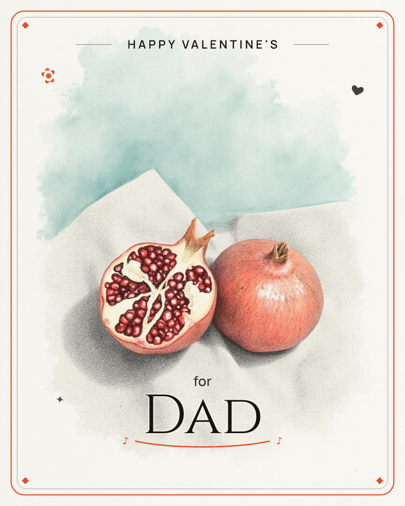 A whole pomegranate and one sliced in half sit side by side on a pale grey cloth, the ruby seeds catching the light against a soft washed teal background, a valentine e-card design