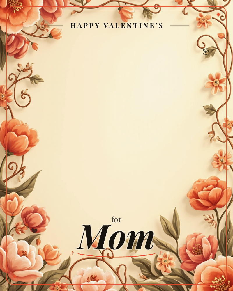 A soft cream panel sits framed by twisting vines and painted flowers in coral, peach, and rust tones, with delicate blossoms and curling stems climbing…, a valentine e-card design