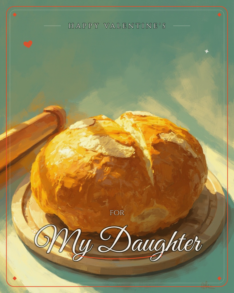 A round, golden loaf of crusty bread sits on a wooden board, its dusted top split open to reveal a soft pale crumb beneath, a valentine e-card design