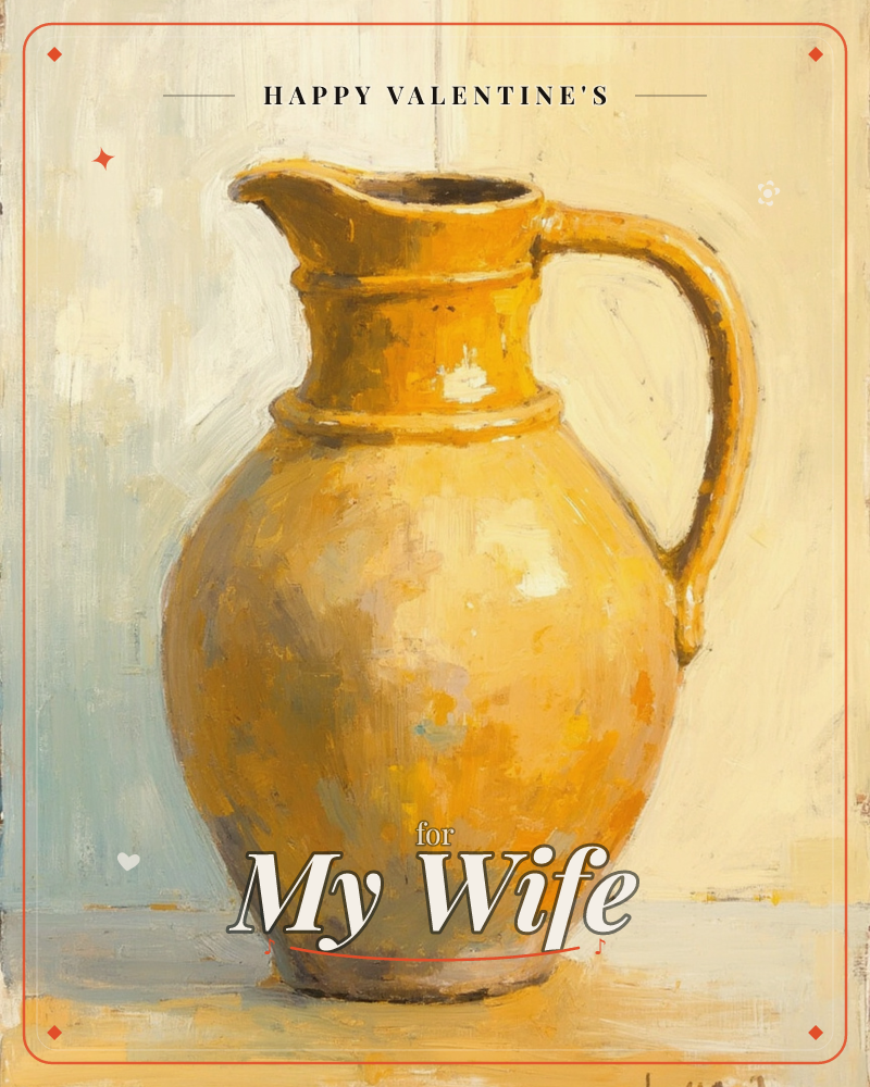 A single ochre-glazed pitcher sits alone on a plain tabletop, painted in loose, buttery brushstrokes that catch the light along its rounded belly and…, a valentine e-card design