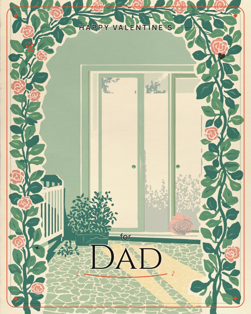 A rose-covered archway frames a quiet garden doorway, with sage-green French doors standing half-glazed behind a potted shrub and a low white gate, a valentine e-card design