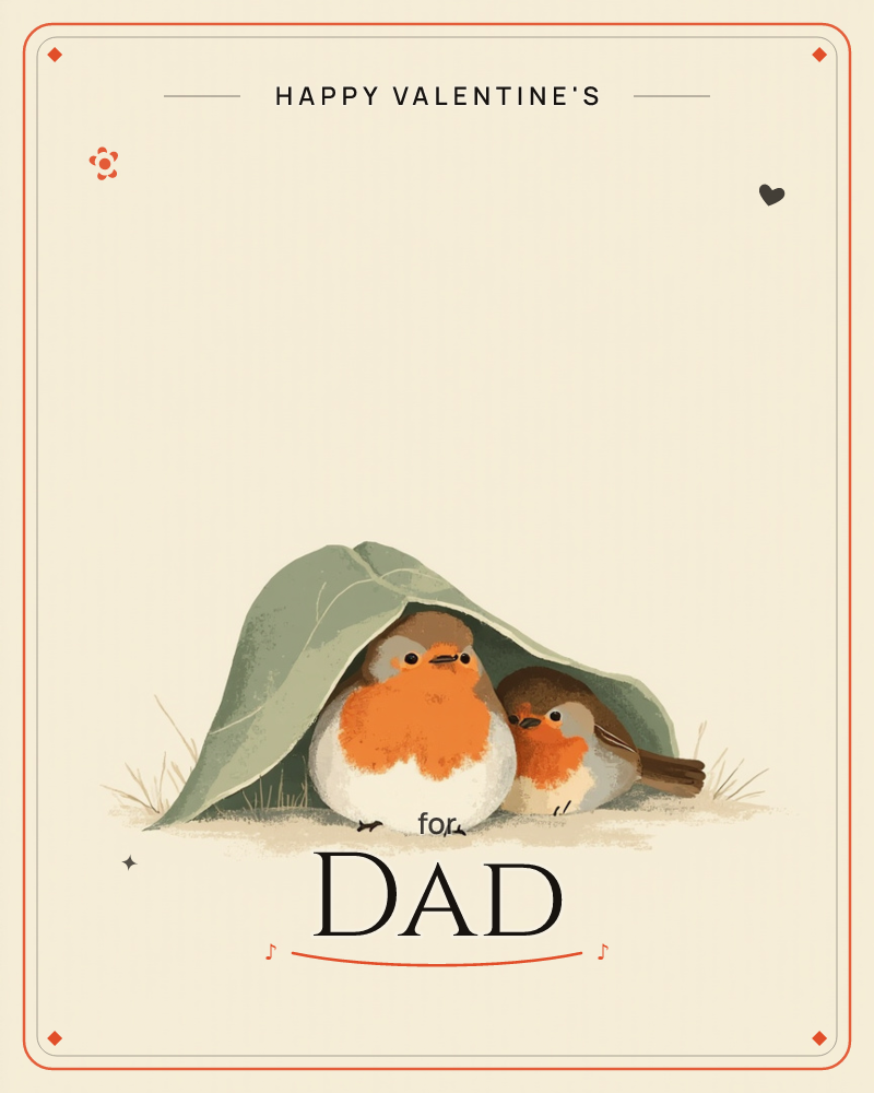 Two round robins with orange breasts huddle together beneath a large sage-green leaf propped up like a little tent, standing on a patch of dry grass, a valentine e-card design