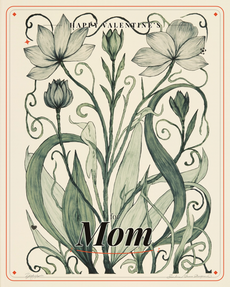 A symmetrical arrangement of lily-like blooms rises from a tangle of curling stems and long, sword-shaped leaves, rendered entirely in muted sage and…, a valentine e-card design