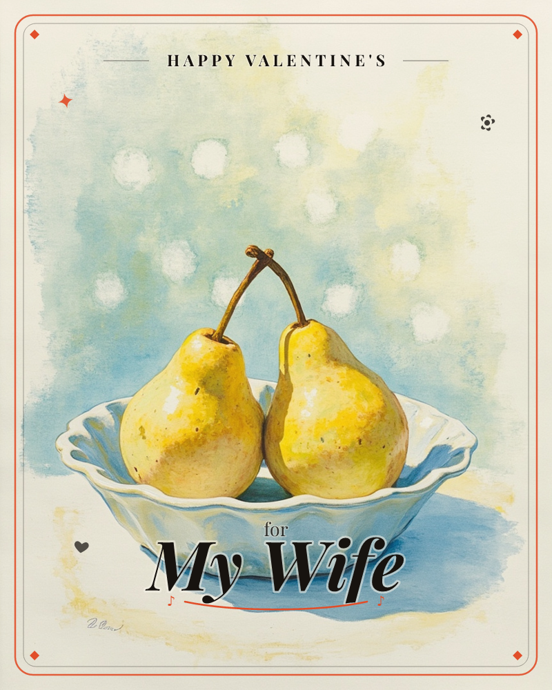 Two golden-yellow pears lean together in a scalloped white bowl, their stems crossing like clasped hands, a valentine e-card design
