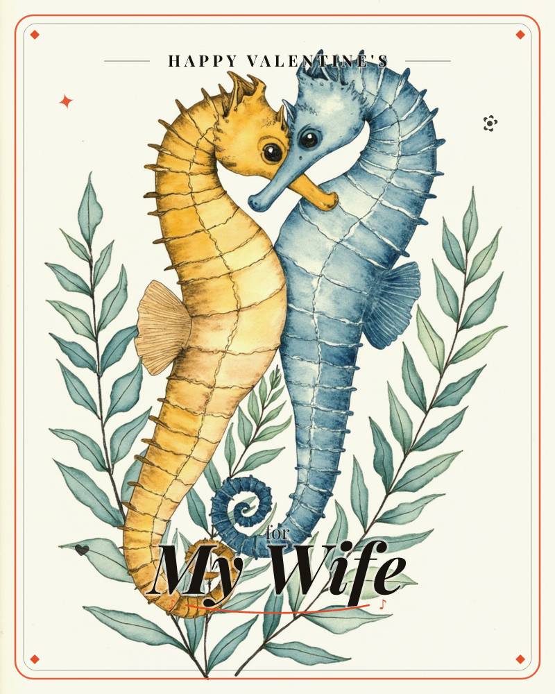 Two seahorses, one golden-yellow and one soft blue, curl toward each other nose to nose against a plain cream background, a valentine e-card design