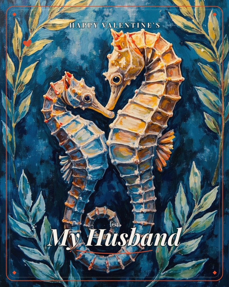 Two seahorses in warm gold and cool blue face each other nose to nose, their curled tails entwined, set against a deep navy sea with pale leafy fronds…, a valentine e-card design
