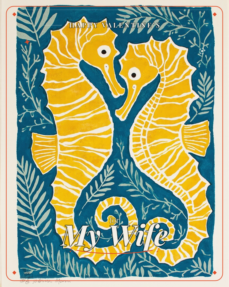 Two golden-yellow seahorses face each other with curled tails, painted with bold white stripe patterns against a deep teal sea, a valentine e-card design
