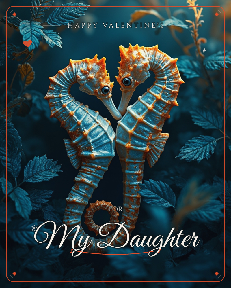 Two seahorses with orange-tipped ridges curl their tails together to form a heart shape, set against deep teal foliage lit like moonlit water, a valentine e-card design