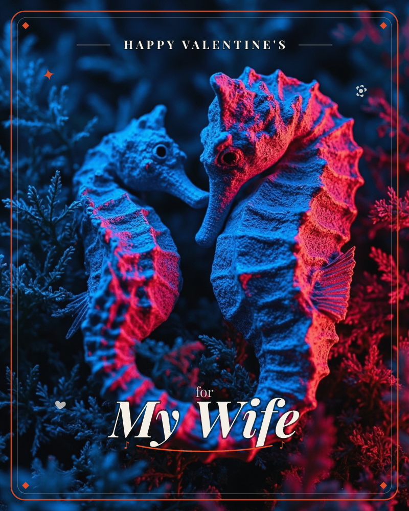 Two seahorses face each other amid feathery coral fronds, their textured bodies lit in dramatic split lighting of icy blue and deep coral red, a valentine e-card design