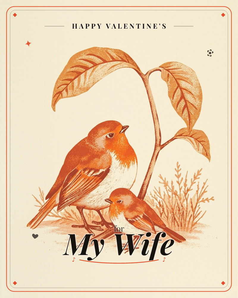 Two robins, one larger and one smaller, stand together beneath a tall leafy stem on a plain cream background, a valentine e-card design