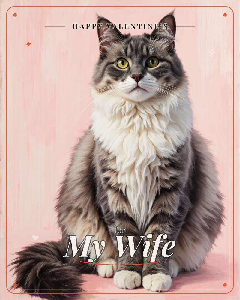 A long-haired grey and white cat sits upright and poses squarely at the camera against a soft blush-pink painted backdrop, a valentine e-card design