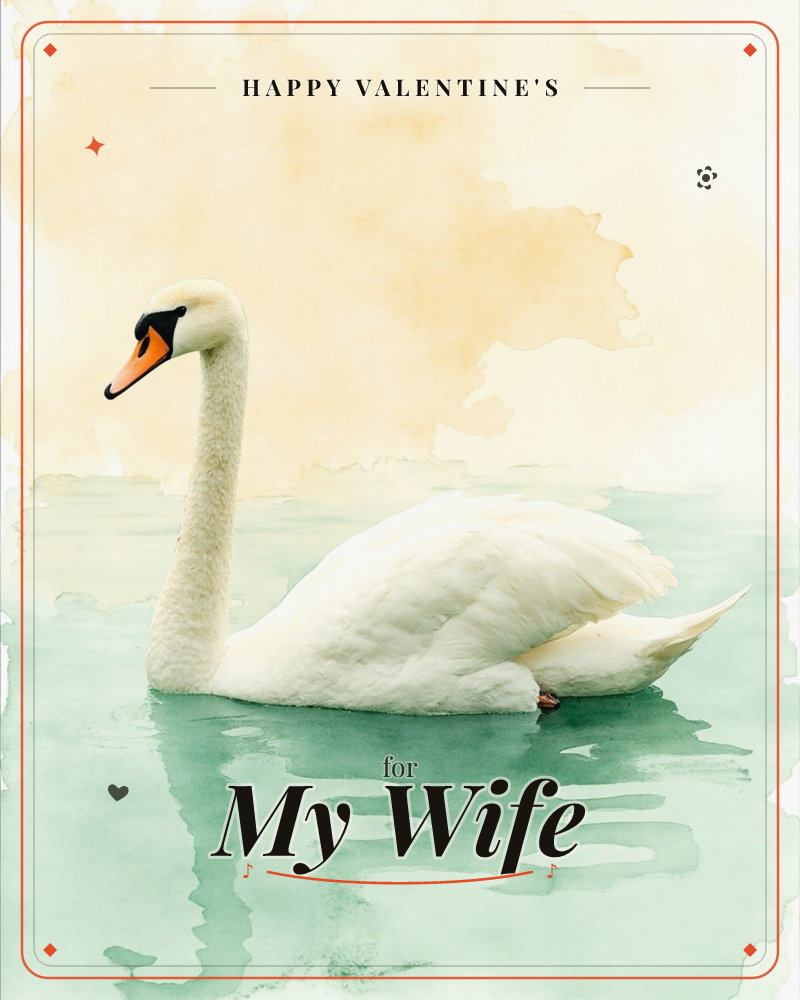A single white swan glides across calm teal-green water, its neck curved in a graceful arch and its orange beak tilted forward, a valentine e-card design