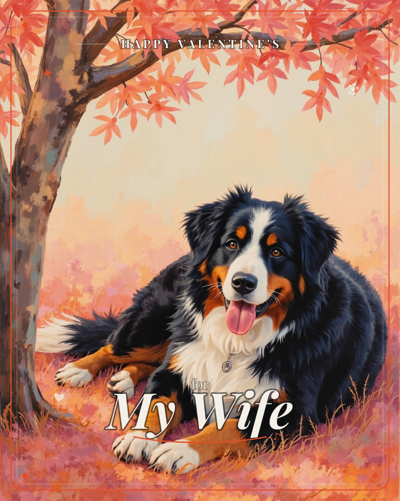 A Bernese mountain dog lies contentedly beneath a maple tree with russet-red leaves, its tongue out in a happy pant and a small pendant hanging from…, a valentine e-card design