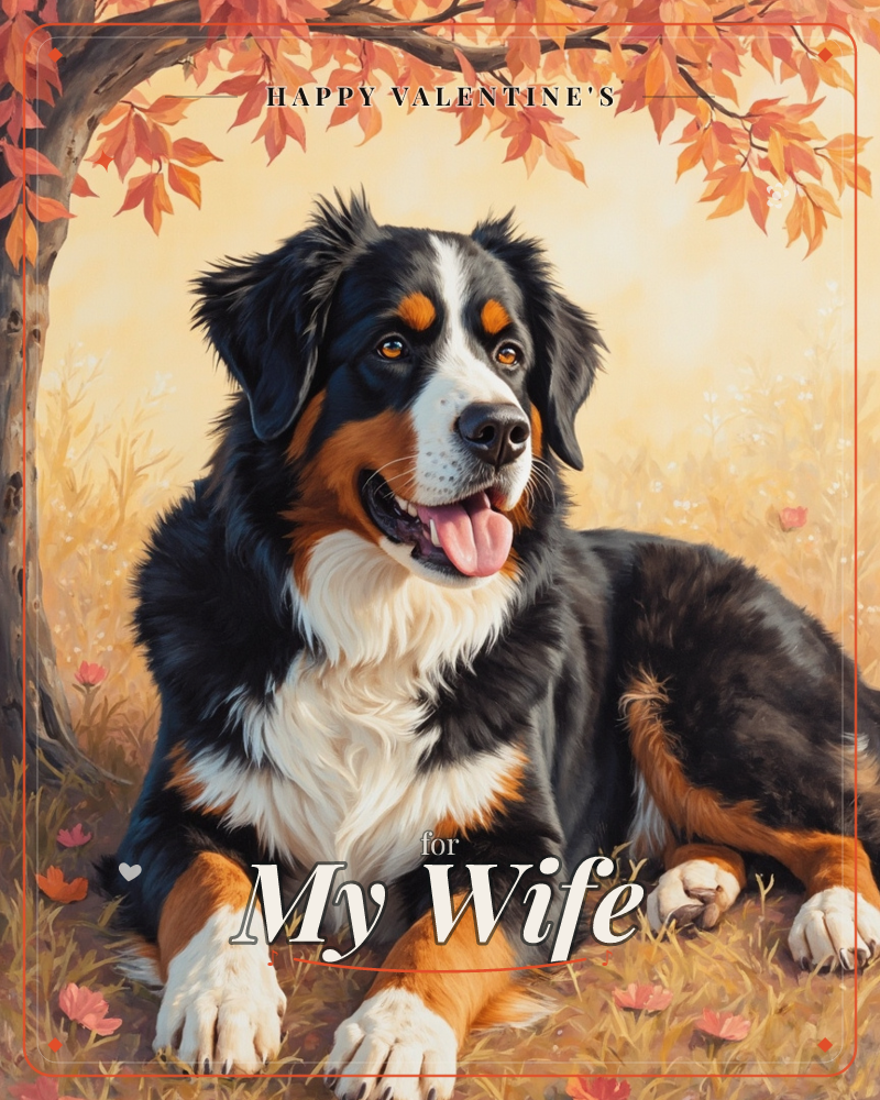 A Bernese mountain dog lies contentedly beneath a tree with autumn leaves, tongue out and eyes bright against a warm golden backdrop, a valentine e-card design