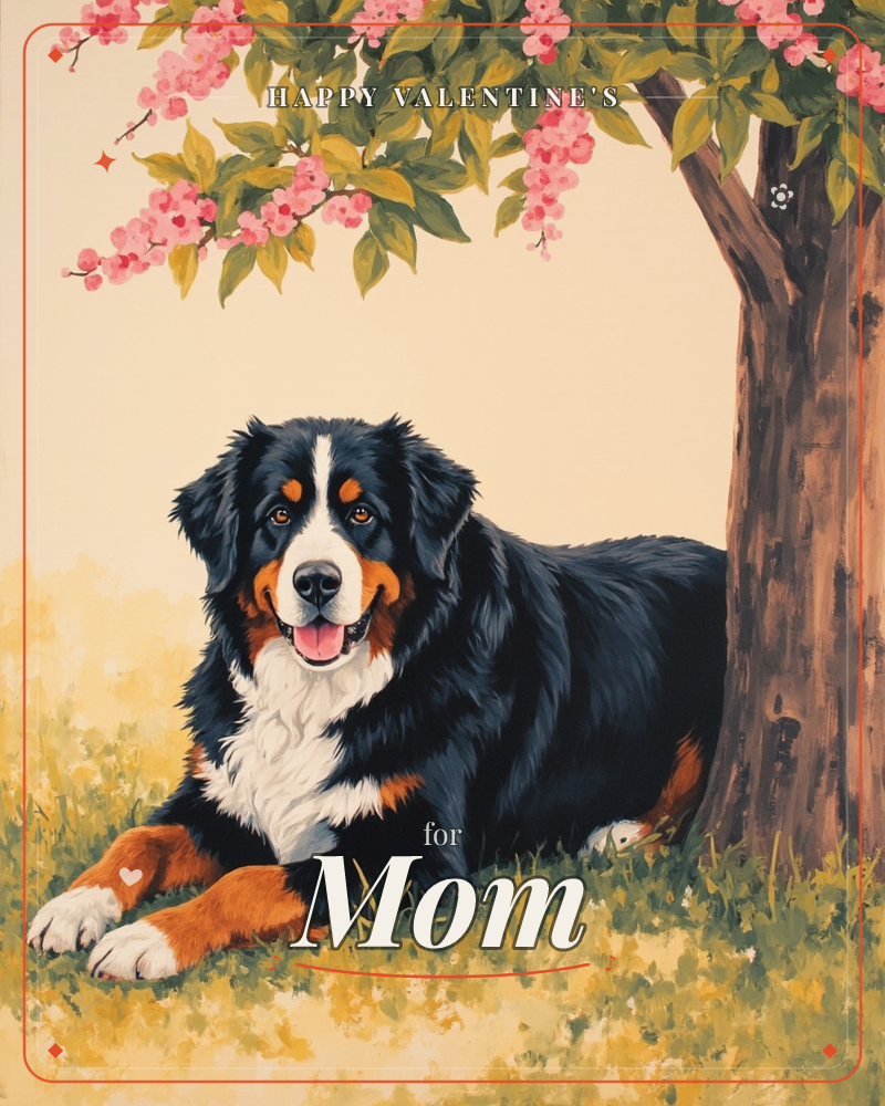 A Bernese mountain dog lies contentedly in the grass beneath a blossoming tree, its tri-colour coat of black, rust, and white rendered in soft…, a valentine e-card design
