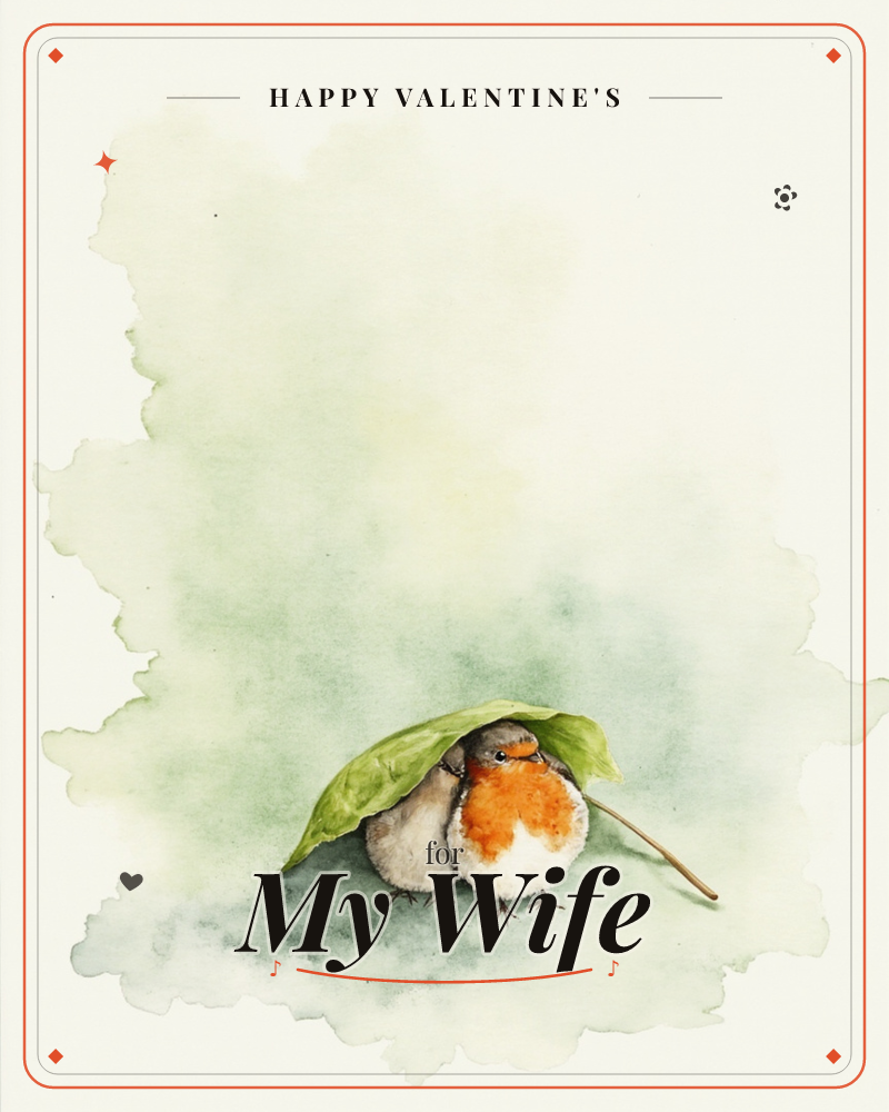 A plump robin with a bright orange breast stands sheltered beneath a single green leaf held aloft on its stem, as if hiding under a tiny umbrella, a valentine e-card design