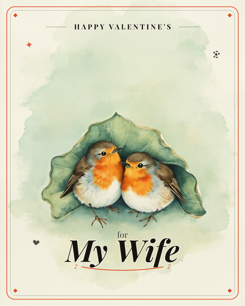 Two robins with round orange breasts stand close together beneath the shelter of a single large scalloped green leaf, painted in soft watercolour…, a valentine e-card design