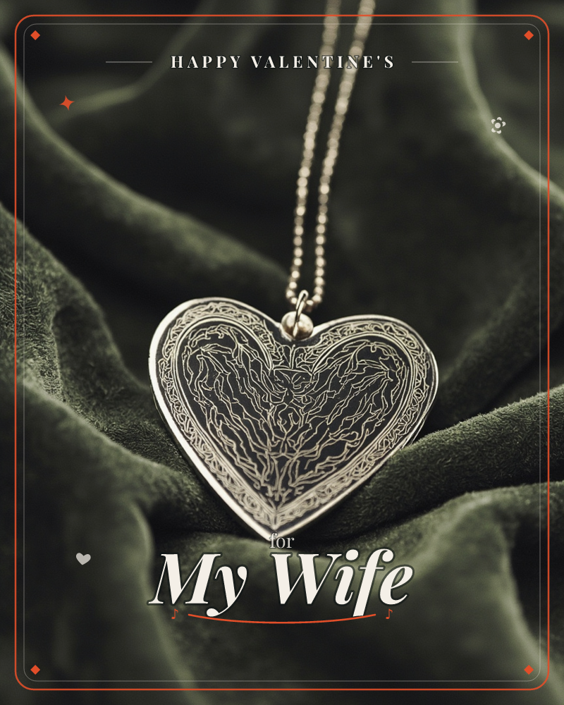 A silver heart-shaped locket, etched with a delicate branching vine pattern, rests on folds of dark olive velvet, its fine ball chain trailing upward…, a valentine e-card design