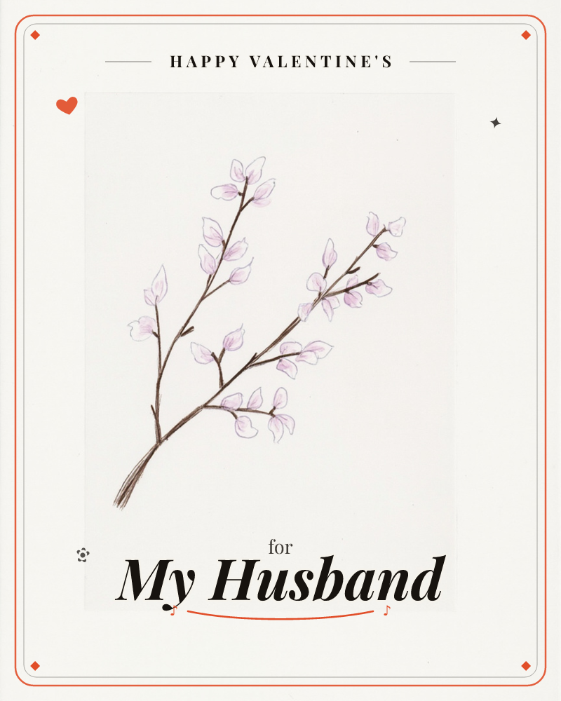 A single slender branch stretches diagonally across a plain white card, lined with delicate pale pink buds and leaves rendered in fine pen and watercolour, a valentine e-card design
