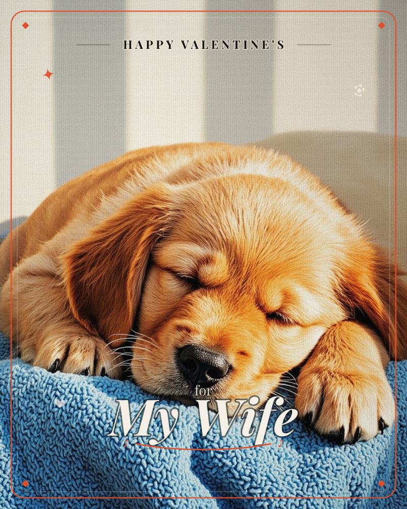 A golden puppy sleeps soundly, chin resting on its paws atop a soft blue fleece blanket, a valentine e-card design