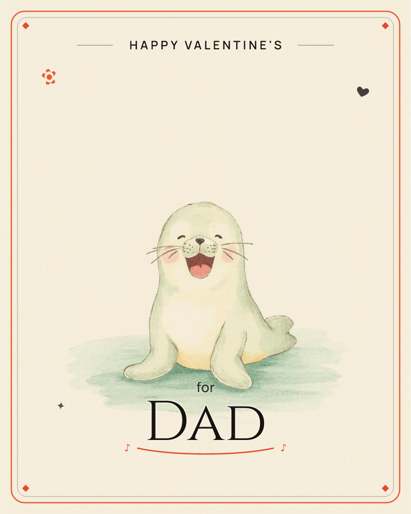 A single baby seal sits on a soft green patch of ice, head tipped back in a wide, laughing grin with eyes squeezed shut, a valentine e-card design