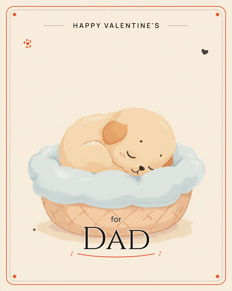 A small golden puppy is curled up fast asleep in a woven basket lined with a soft pale blue cushion, its nose tucked in and one ear flopped over, a valentine e-card design