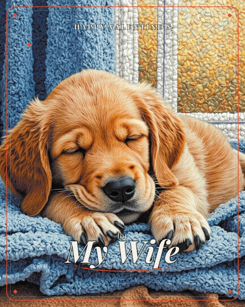 A golden puppy sleeps curled on a soft blue knitted blanket, its paws crossed and ears flopped forward, with a textured striped backdrop of cream and…, a valentine e-card design