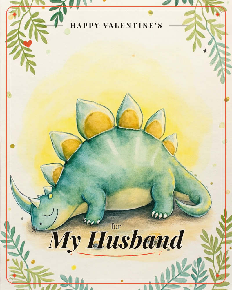 A round-bellied stegosaurus-rhino hybrid dozes on the ground, its back lined with soft yellow-tipped spines and a single curved horn on its nose, a valentine e-card design