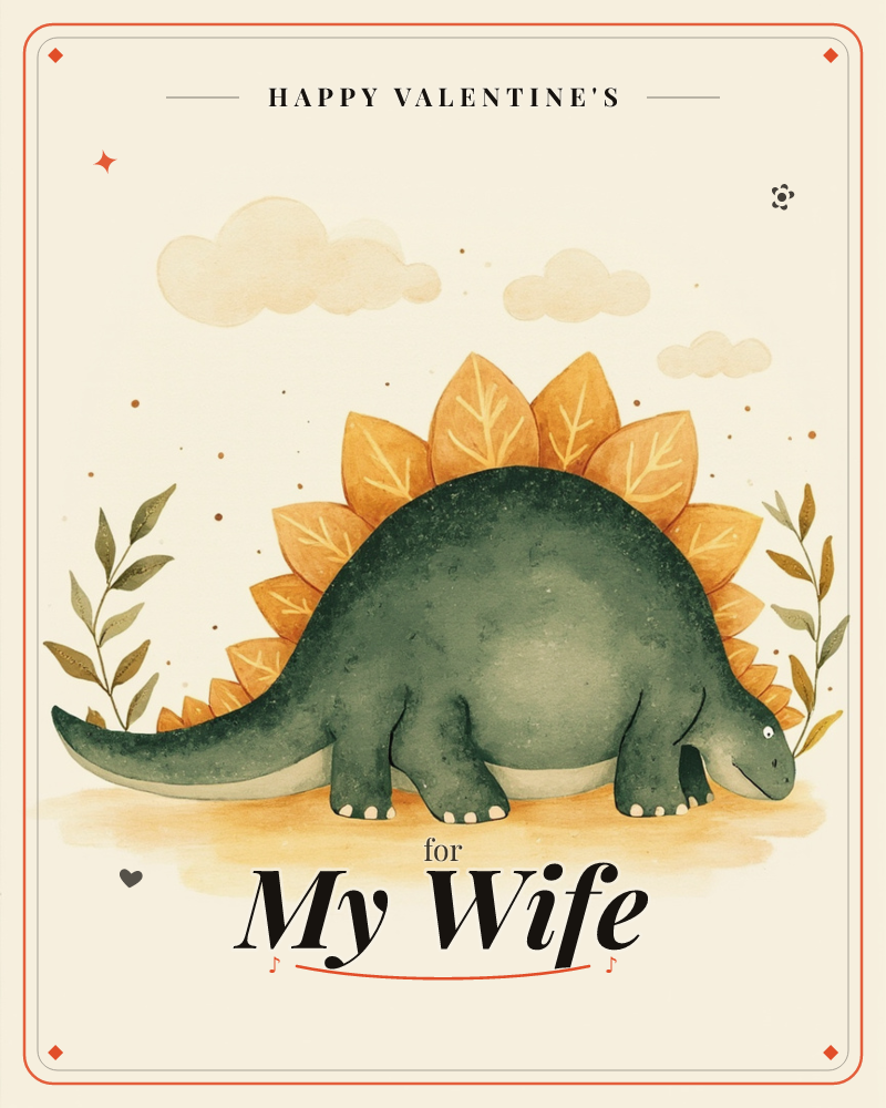 A gentle stegosaurus stands on golden ground beneath a pale cream sky, its back lined with warm orange leaf-shaped plates that mimic a row of autumn…, a valentine e-card design