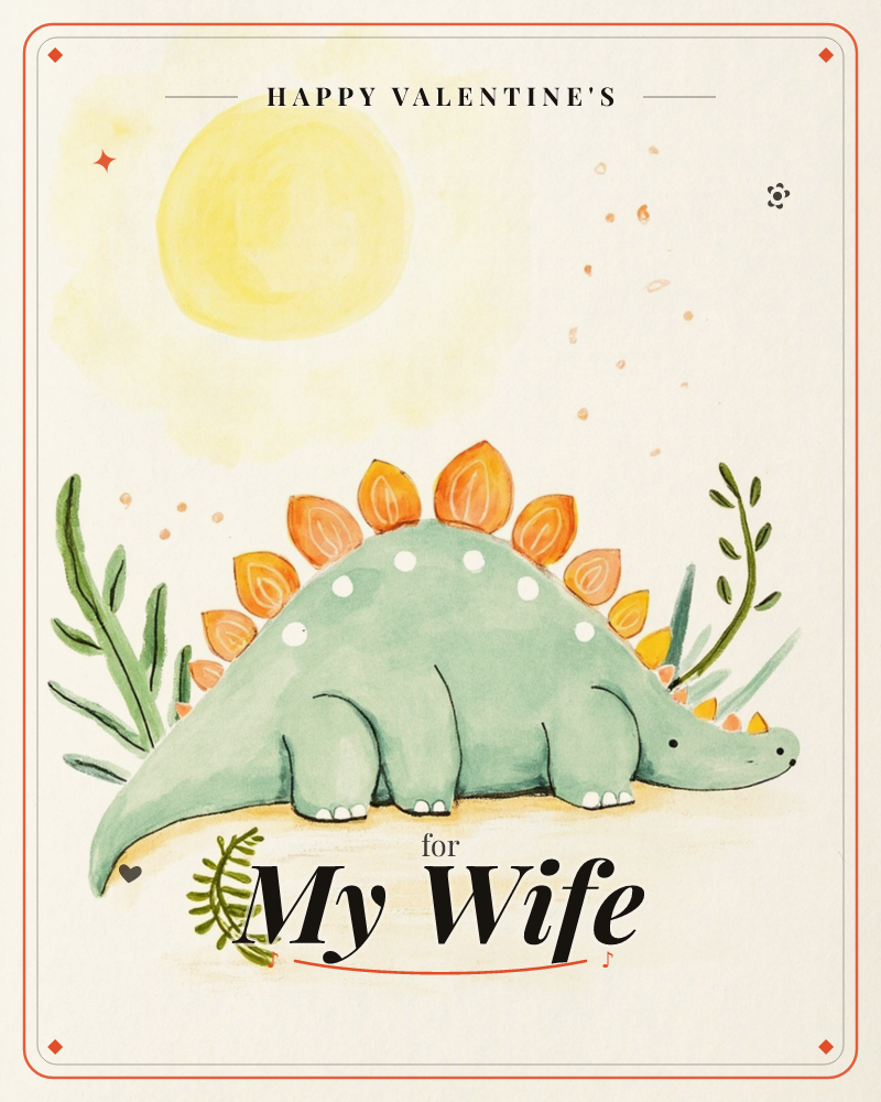A rounded, friendly stegosaurus with sage-green skin and white polka dots stands beneath a soft glowing sun, its back lined with orange and yellow…, a valentine e-card design