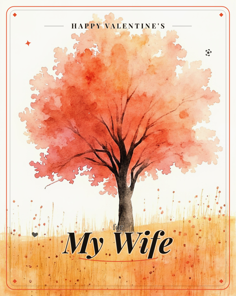 A single tree stands alone on a golden hillside, its canopy rendered in blooming washes of coral, red and peach watercolour, a valentine e-card design