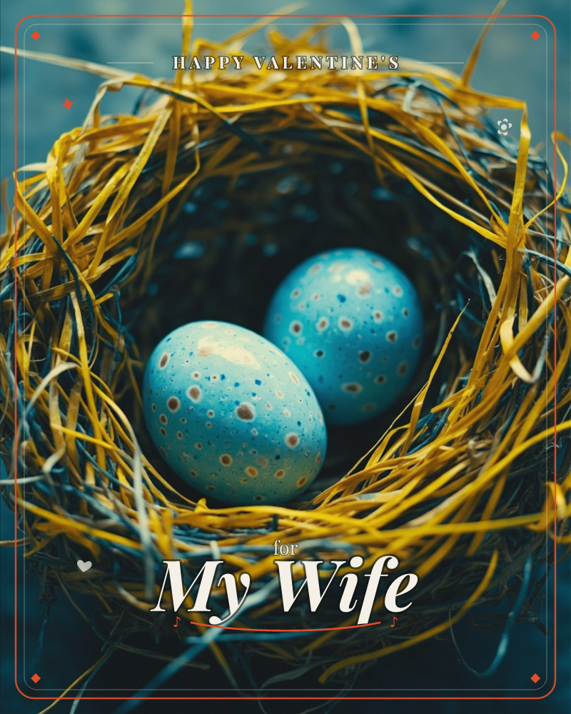 A close-up of two speckled blue eggs nestled deep inside a woven nest of golden straw and dark twigs, a valentine e-card design