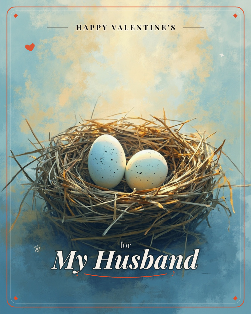 A woven twig nest sits centre stage holding two speckled pale-blue eggs, side by side against a soft glow of golden light breaking through a hazy…, a valentine e-card design