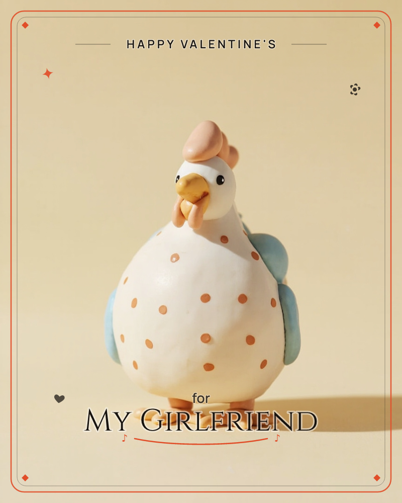 A round, clay-sculpted hen stands centre stage on a warm cream backdrop, its plump polka-dotted body balanced on stubby legs, a valentine e-card design
